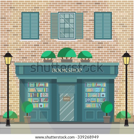 Facade of the building with bookshop on the ground floor.