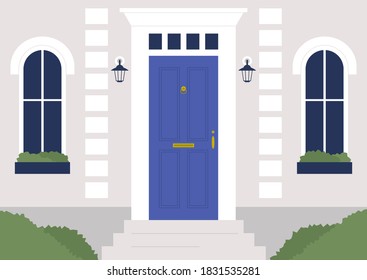 a facade of the building, front door and windows, architectural details, no people template, real estate