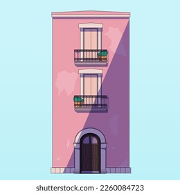 facade of a building in Italy, the architecture is old, beautiful pink color, vector illustration