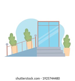 facade building ladder and potted plants vector cartoon illustration