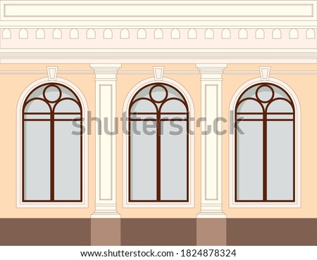Facade of the building, one floor with windows and decorative elements of a column, balustrade.