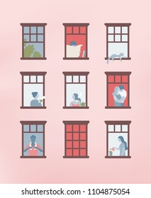 Facade of building with opened windows and people living inside. Men and women drinking tea, reading newspaper, watering plant in their apartments. Neighbors and neighborhood. Vector illustration