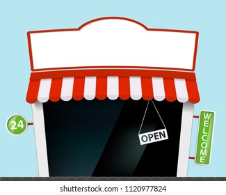Facade of building shop with a signboard and a storefront. Stock vector illustration.