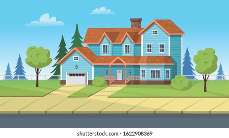 Facade building, suburban house with garage and green lawn. Vector cartoon illustration for games or animation. Layered background. 