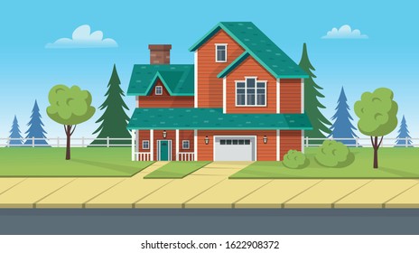 Facade building, suburban house with garage and green lawn. Vector cartoon illustration for games or animation. Layered background. 