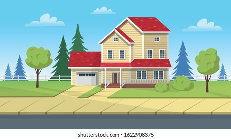 Facade building, suburban house with garage and green lawn. Vector cartoon illustration for games or animation. Layered background. 