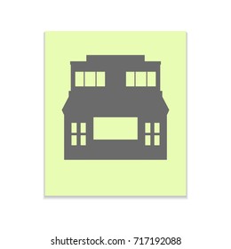 Facade building Vector black icon on color sticker. Material design