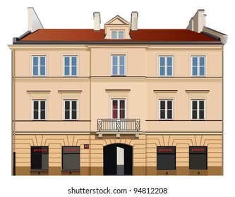 Facade of building from Warsaw. Famous Nowy Swiat street. Color vector illustration.