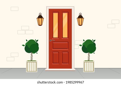 Facade of the building, white wall with red door. Front red door house, office or store. Vector  illustration in flat style.	Exterior entrance door