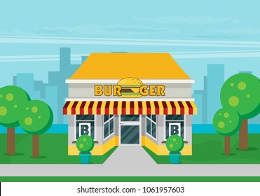 Facade of burger shop flat vector.