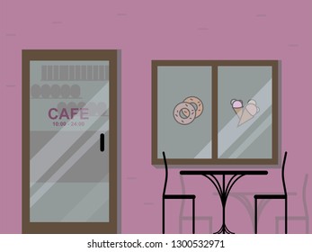 Facade of cafe. Facade flat background. Table with chairs