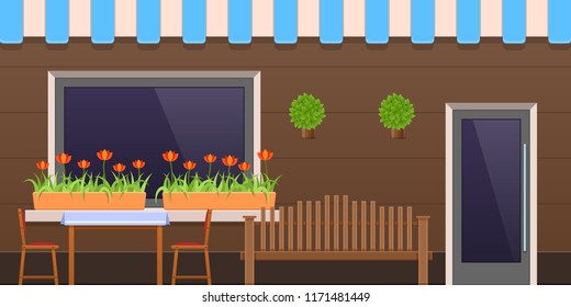 Facade of cafe, real estate. Appearance of city building cafe, shop, fast food, restaurant with street bench, veranda with tables, windows. Urban landscape, environment, exterior. Vector illustration.