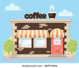 Facade cafe with a signboard, awning and silhouettes people in shopwindow. Abstract image in a flat design. Front shop for Concept brochure or banner. Vector illustration isolated on blue background