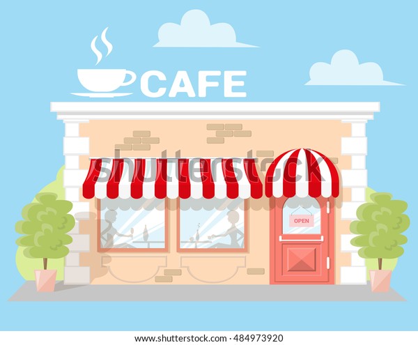 Facade Cafe Signboard Awning Silhouettes People Stock Vector (Royalty ...