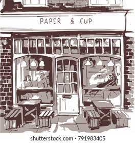 the facade of the cafe, the street cafe sign