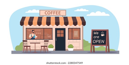 La fachada de la cafetería con mesas en la terraza y la inscripción que abrimos. Restaurante o tienda. Fachada de casa de visión frontal con puerta, ventanas y carteles, ilustración plana de dibujos animados, concepto de vector