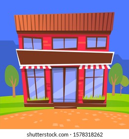 Facade of cafe with tent and windows. Two storey building located in city. Eatery or dinner, place to eat. Evening architecture of town. Night store surrounded by trees and greenery. Vector in flat