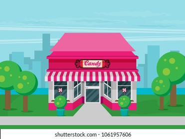 Facade of candy shop flat vector.