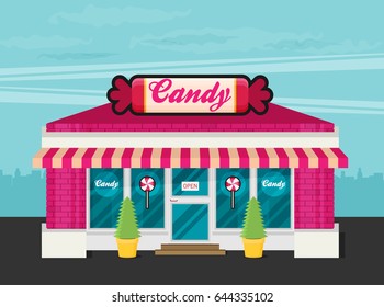 Facade of candy shop flat vector.