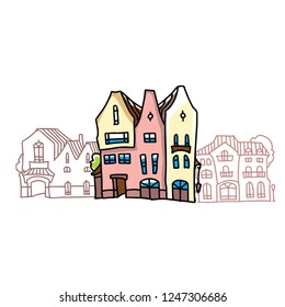 Facade of cartoon houses. Funny vector house.
