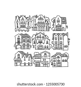 Facade of cartoon houses. Funny vector house.
