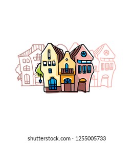 Facade of cartoon houses. Funny vector house.
