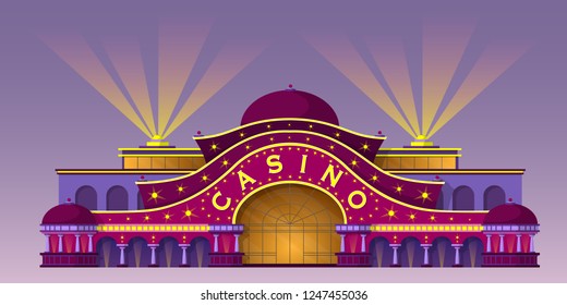 Facade of a casino building. Entrance to the gaming house. Vector illustration about gambling industry.