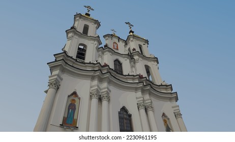 Facade of Church of Resurrection of Jesus in the historic center of Vitebsk, Belarus. Vector image.