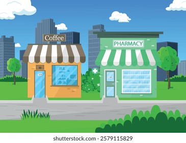 Facade of a coffee shop and pharmacy in the park. Architectural concept.