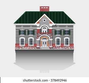 Facade of the colonial-style mansion isolated on a light gray background