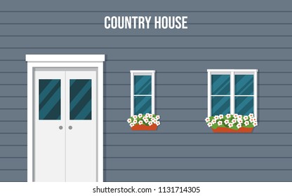 The facade of the country house. Wooden windows and door. Vector illustration