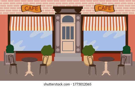 Facade of a cozy cafe with tables and chairs flat vector. Exterior illustration.