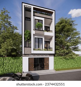 the facade design of the apartment is seen from a slightly tilted angle to see the perspective of the building