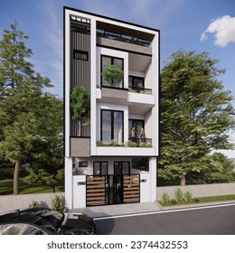 the facade design of the apartment is seen from a slightly tilted angle to see the perspective of the building
