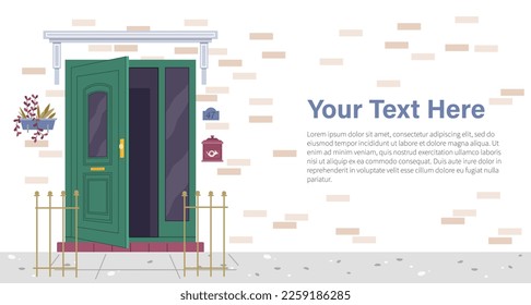 Facade door house exterior entrance. Front view from street. Closed home entry exterior with potted flower plants, lamp, number plate. Doorway facade. Entries to apartments with green decoration