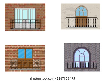 Facade elements, balconies, wall, windows, doors. Vector illustration