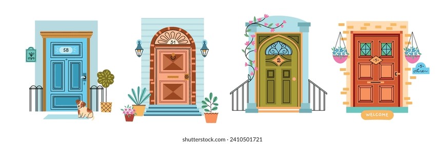 Facade elements. Different designs and colors front doors, exterior entries, apartment european doorways, various house outside, vector set.eps
