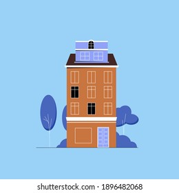 Fachada de casa europea con elementos de línea. Ilustración del vector