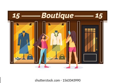 Facade of exterior building of a fashion boutique store. Girlfriends taking photos each other on the street, near storefront large window with clothes. Boutique fashion retail store vector