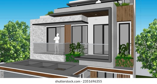 facade or exterior design of a house with a modern concept balcony