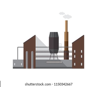 Facade of factory building or boiler house with pipe emitting vapor or gas isolated on white background. Exterior of centralized heating plant. Cartoon colorful vector illustration in flat style.