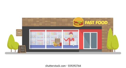 Facade of Fast Food Store Restaurant. Template concept for the website, advertising and sales