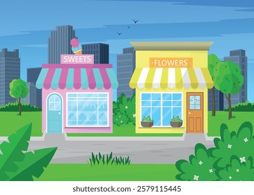 The facade of a flower and sweets shop in a park against the backdrop of buildings.