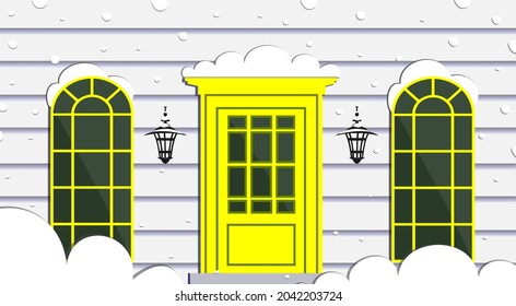 La fachada de una casa de cuadros, una vidriera, un porche cubierto de nieve. El concepto de construcción, diseño paisajístico con sus propias manos, vida campestre. Vacaciones de invierno, vacaciones de Año Nuevo