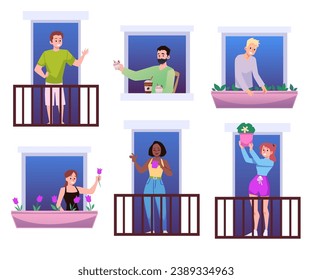 Facade with friendly neighbors in windows and balconies greeting each other, flat vector illustration isolated on white background. Good neighborhood communication.