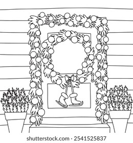 Facade front door with wreath and ice skates vector coloring page