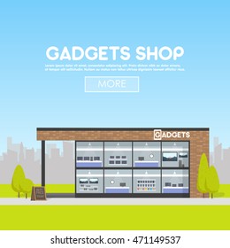 Facade gadgets shop in the urban space, the sale of computers, laptops, phones, tablets. Billboard advertising from selling electronics. Template concept for the website, advertising and sales.
