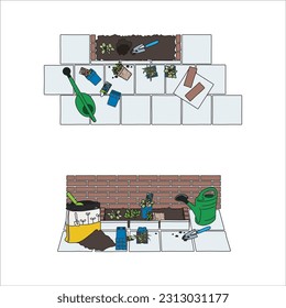 Facade garden, tools and supplies to make a facade garden, drawings in color