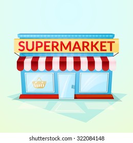 Facade grocery store, beautiful bright cartoon house in the street environment, vector illustration isolated on background