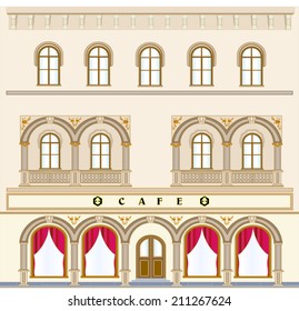 The facade of the historic building on the square with an old cafe. The facade is decorated with a relief with columns, arches, balustrades, decorated ground floor is set back from the sidewalk